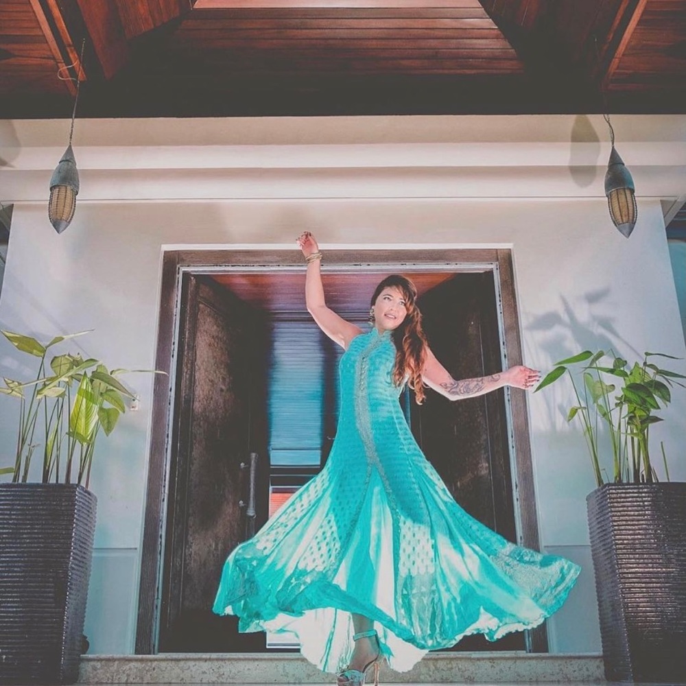 Turquoise blue silk sari sleeveless maxi dress